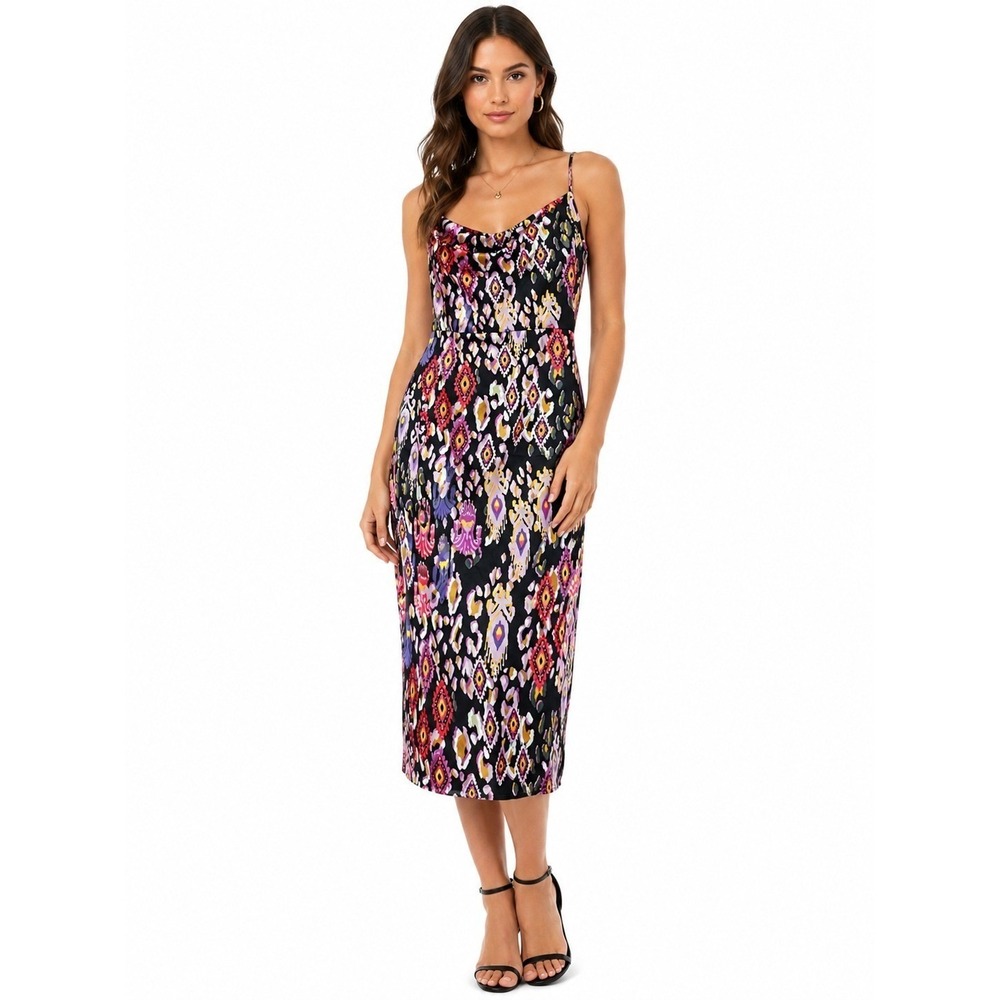 NWT Venus Cowl Neck Ikat Leopard Print Midi Dress Size 14 Multicolor Sleeveless